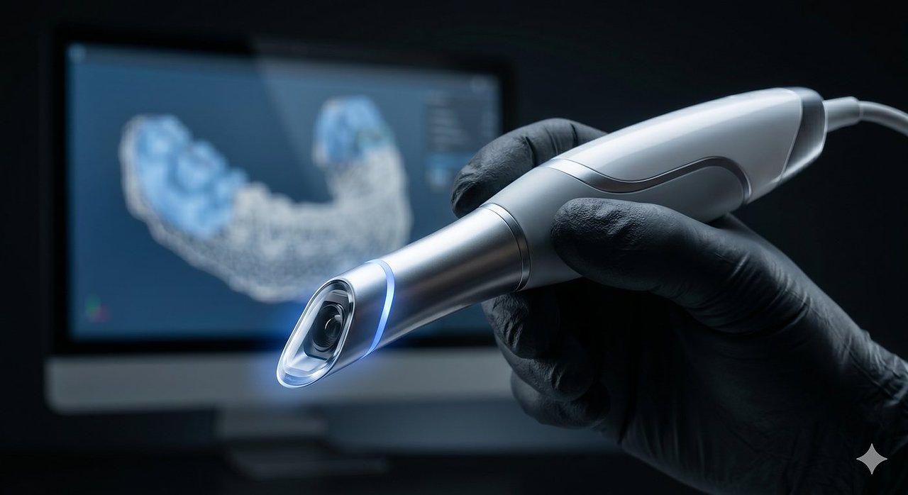 Escáner intraoral profesional captando un modelo dental 3D en pantalla