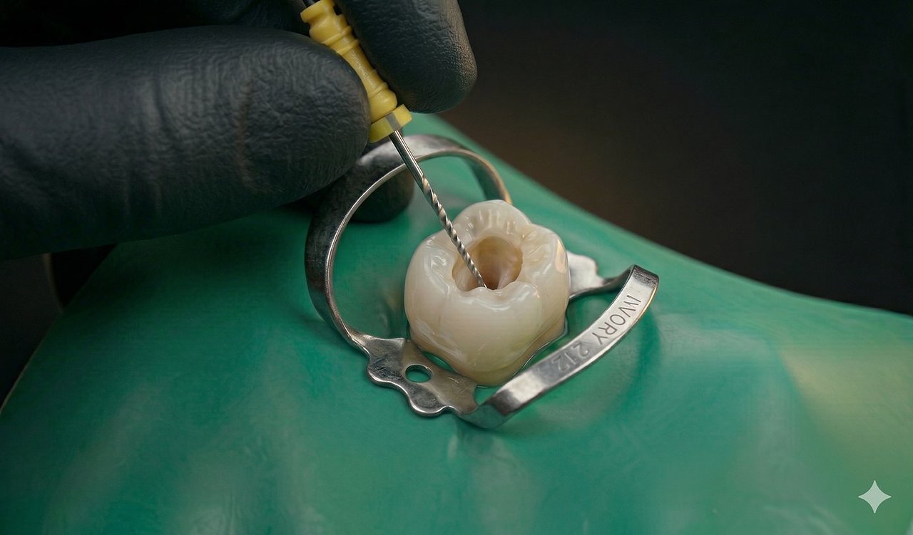 Endodoncia con dique de goma y lima en molar bajo microscopio