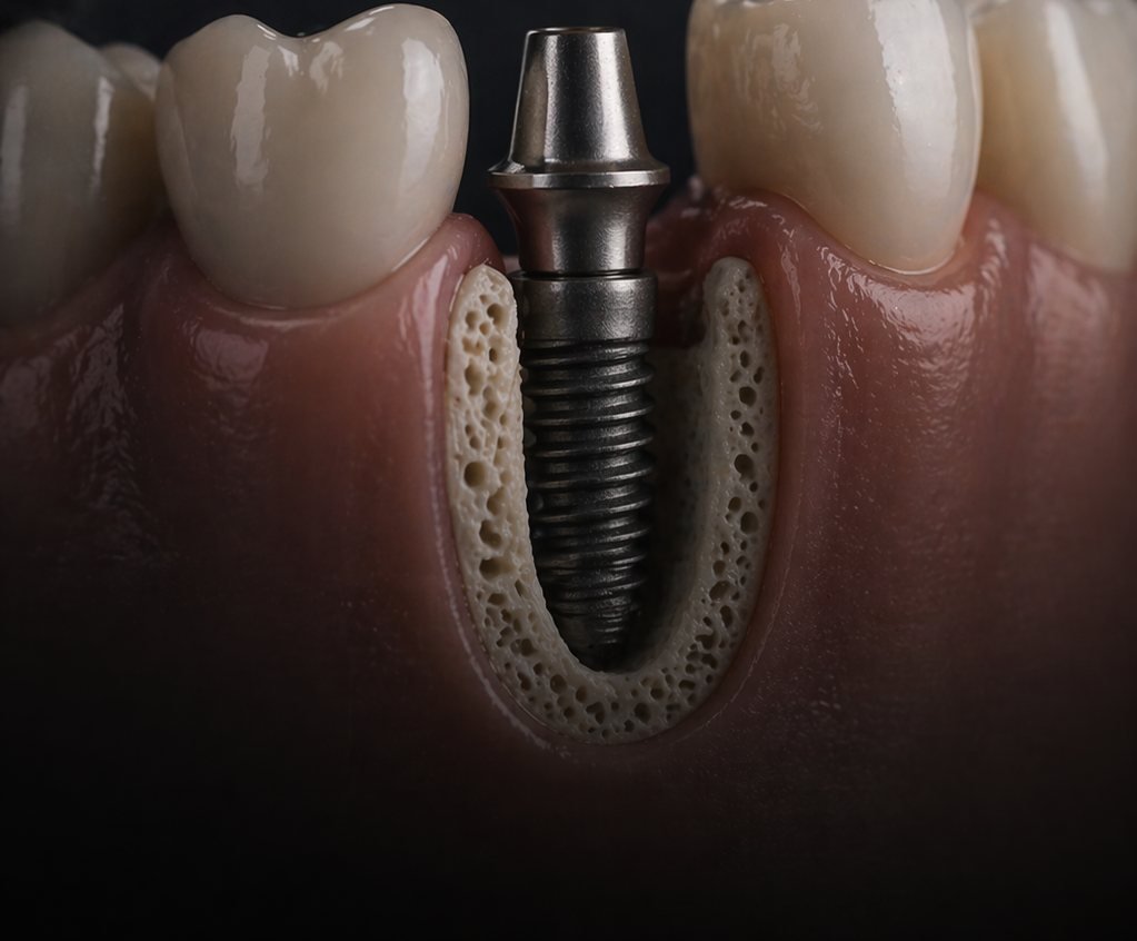 Implante dental osteointegrado en hueso maxilar